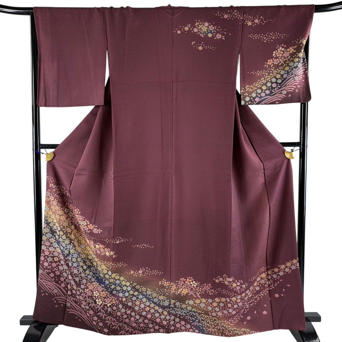 訪問着 身丈164cm 裄丈67cm M 袷 草花 波 銀通し ぼかし 赤紫 正絹 秀品 【中古】