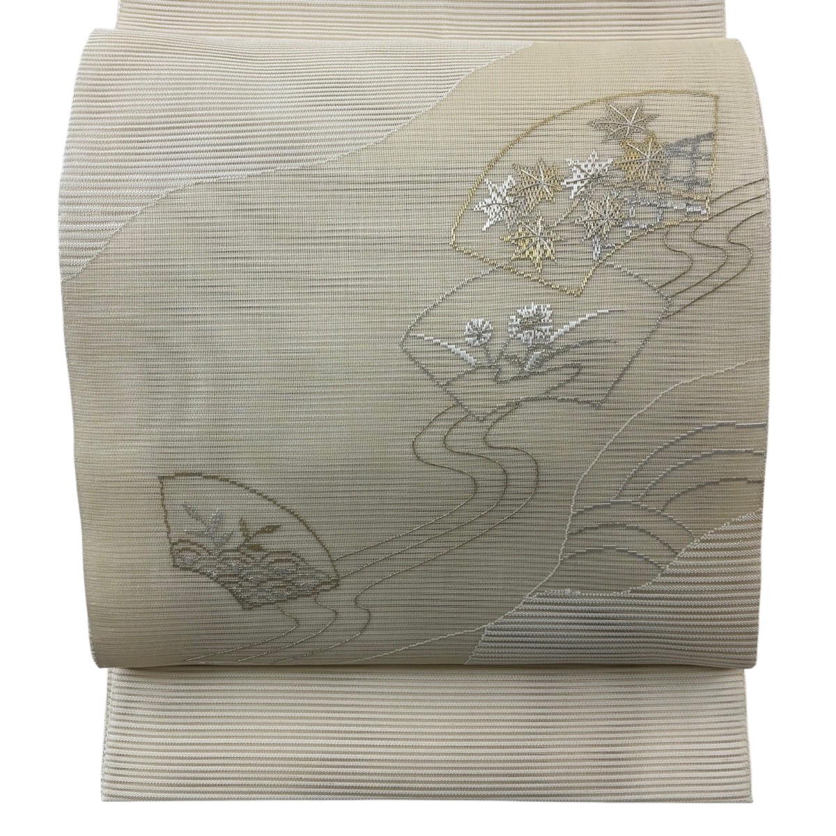 【美品】 袋帯 秀品 夏帯 絽 扇面 流水 金銀糸 クリーム お太鼓柄 正絹 【中古】