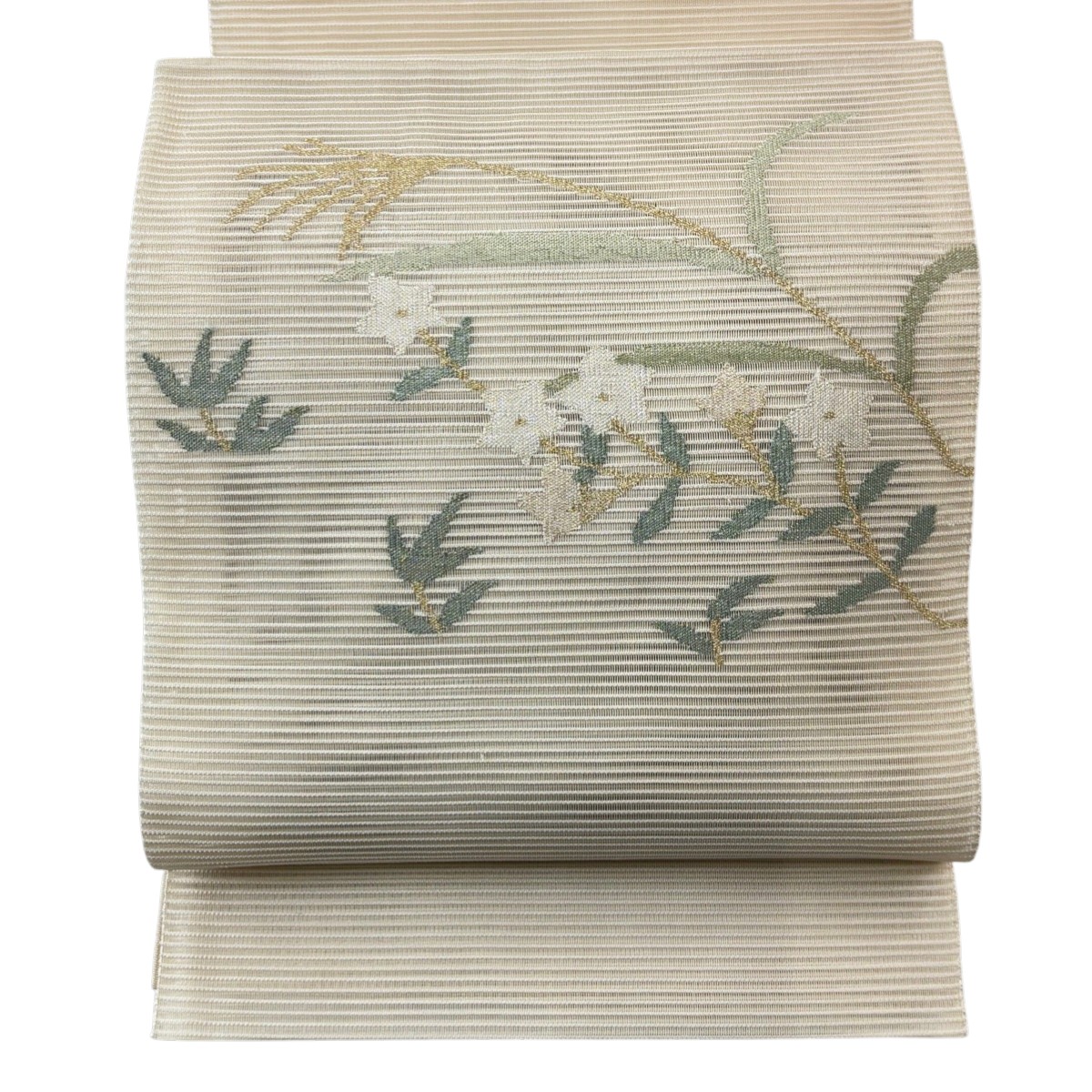 【美品】 名古屋帯 秀品 夏帯 絽 八寸名古屋帯 松葉仕立て 草花 金糸 箔 クリーム 正絹 【中古】