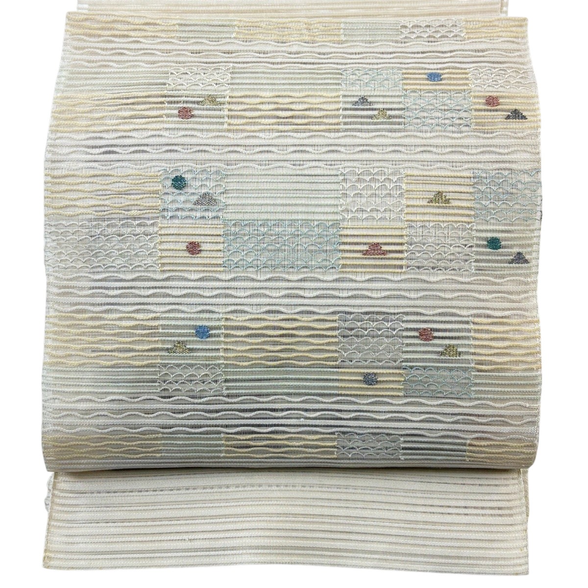 名古屋帯 秀品 夏帯 絽 八寸名古屋帯 松葉仕立て トンネル仕立て 幾何学 金銀糸 クリーム 正絹 【中古】