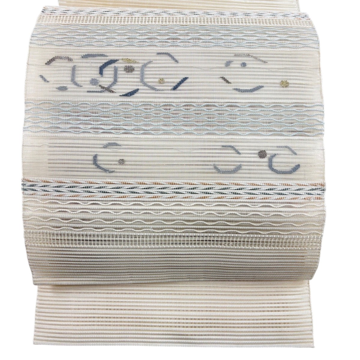 名古屋帯 秀品 夏帯 絽 八寸名古屋帯 松葉仕立て 縞 幾何学模様 金銀糸 箔 クリーム 正絹 【中古】