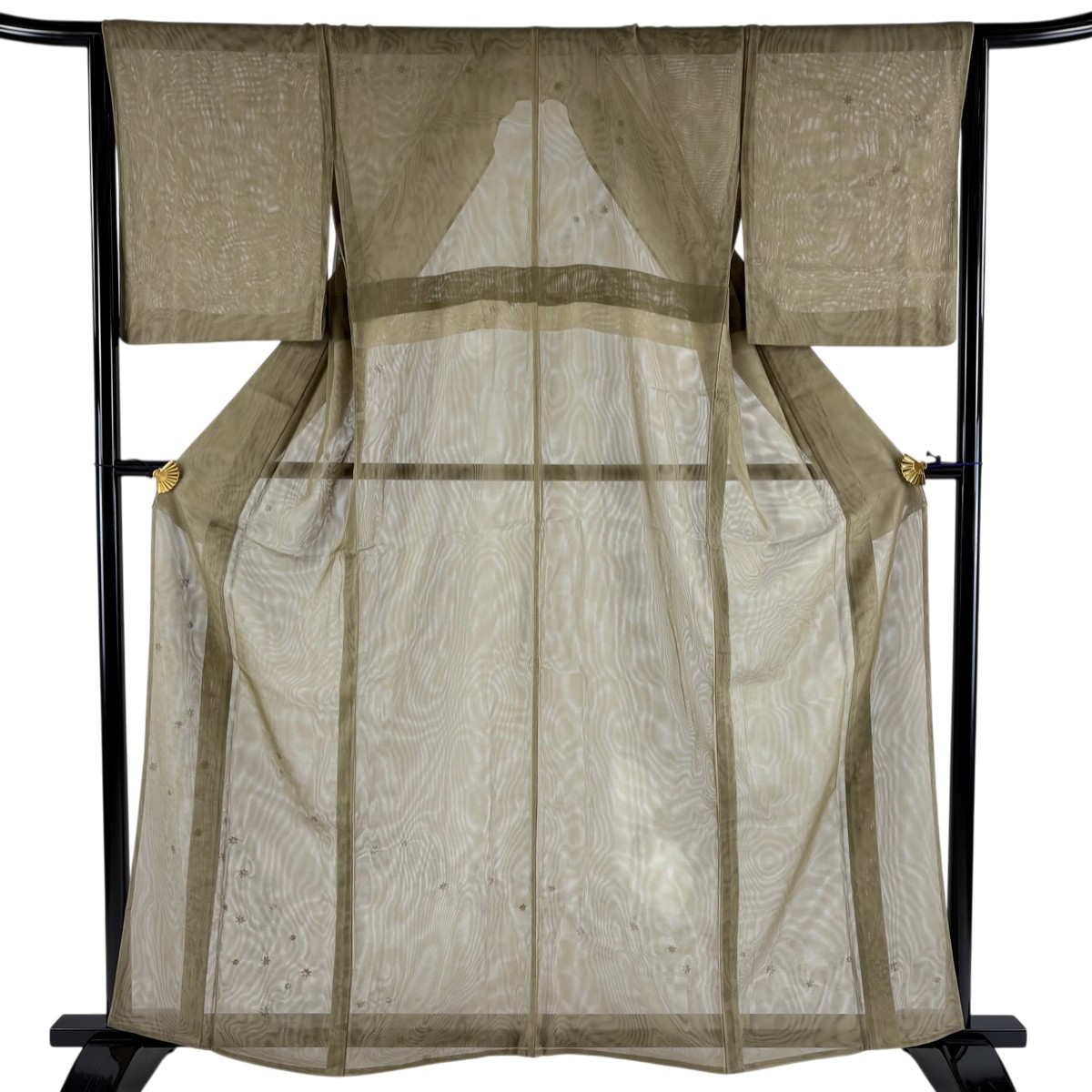 付下げ 身丈162cm 裄丈64.5cm M 紗袷 葉 金彩 茶緑色 正絹 秀品 【中古】