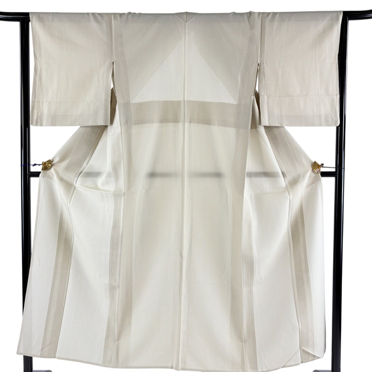紬 身丈152cm 裄丈64cm M 薄物 夏紬 縦縞 ベージュ 正絹 秀品 【中古】
