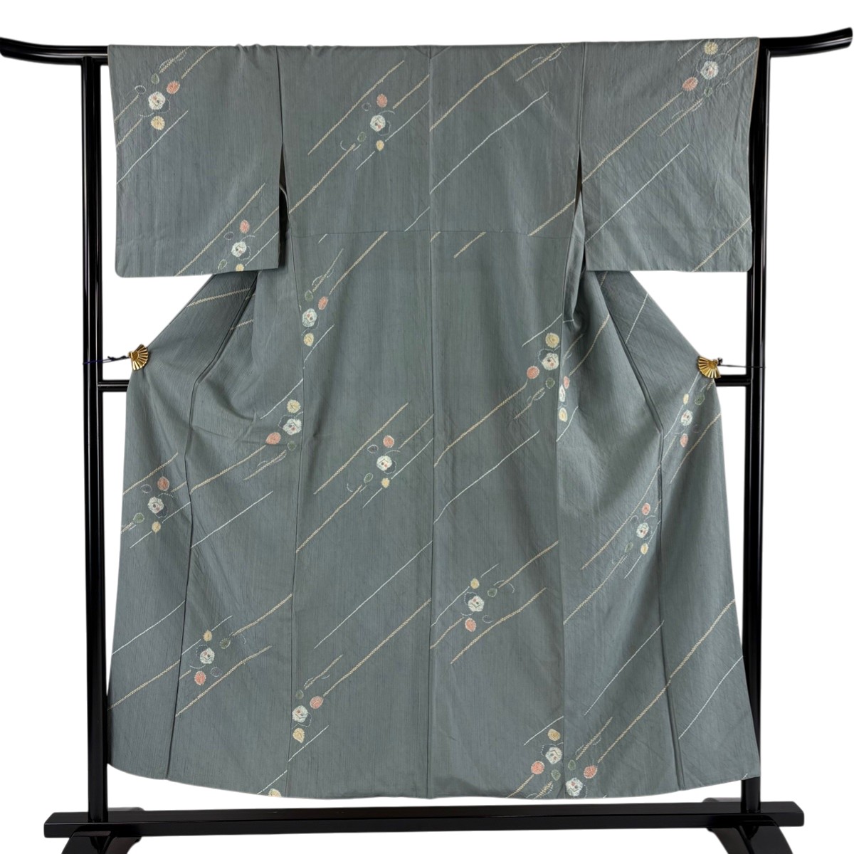 小紋 身丈154cm 裄丈63.5cm S 袷 紬地 幾何学 斜縞 絞り 灰緑 正絹 秀品 【中古】