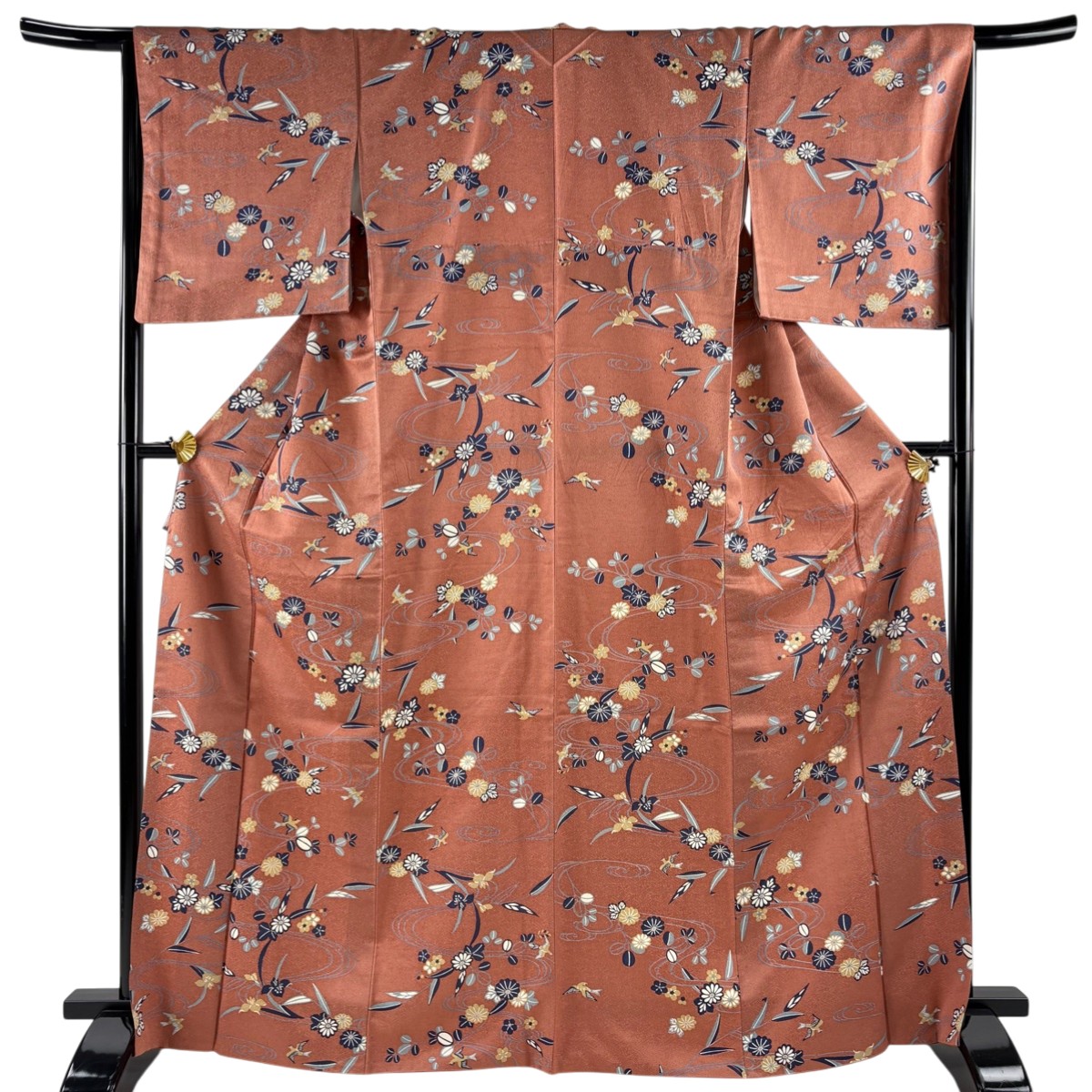小紋 身丈167.5cm 裄丈66cm M 袷 菊 鳥 赤茶 正絹 秀品 【中古】
