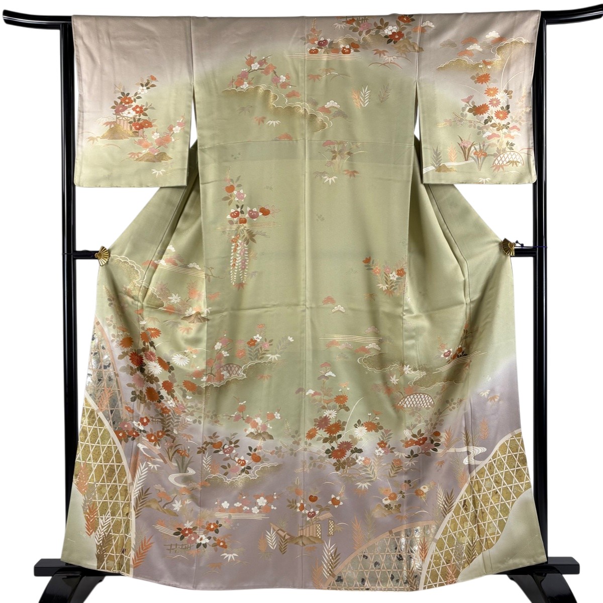 訪問着 身丈162.5cm 裄丈64cm M 袷 菊 流水 金糸 金銀彩 薄紫 正絹 名品 【中古】