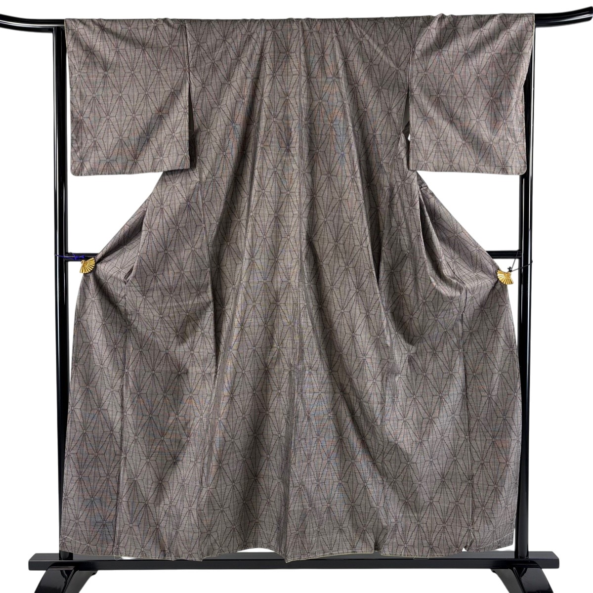【美品】 紬 身丈157.5cm 裄丈66cm M 袷 麻の葉 焦茶色 正絹 名品 【中古】