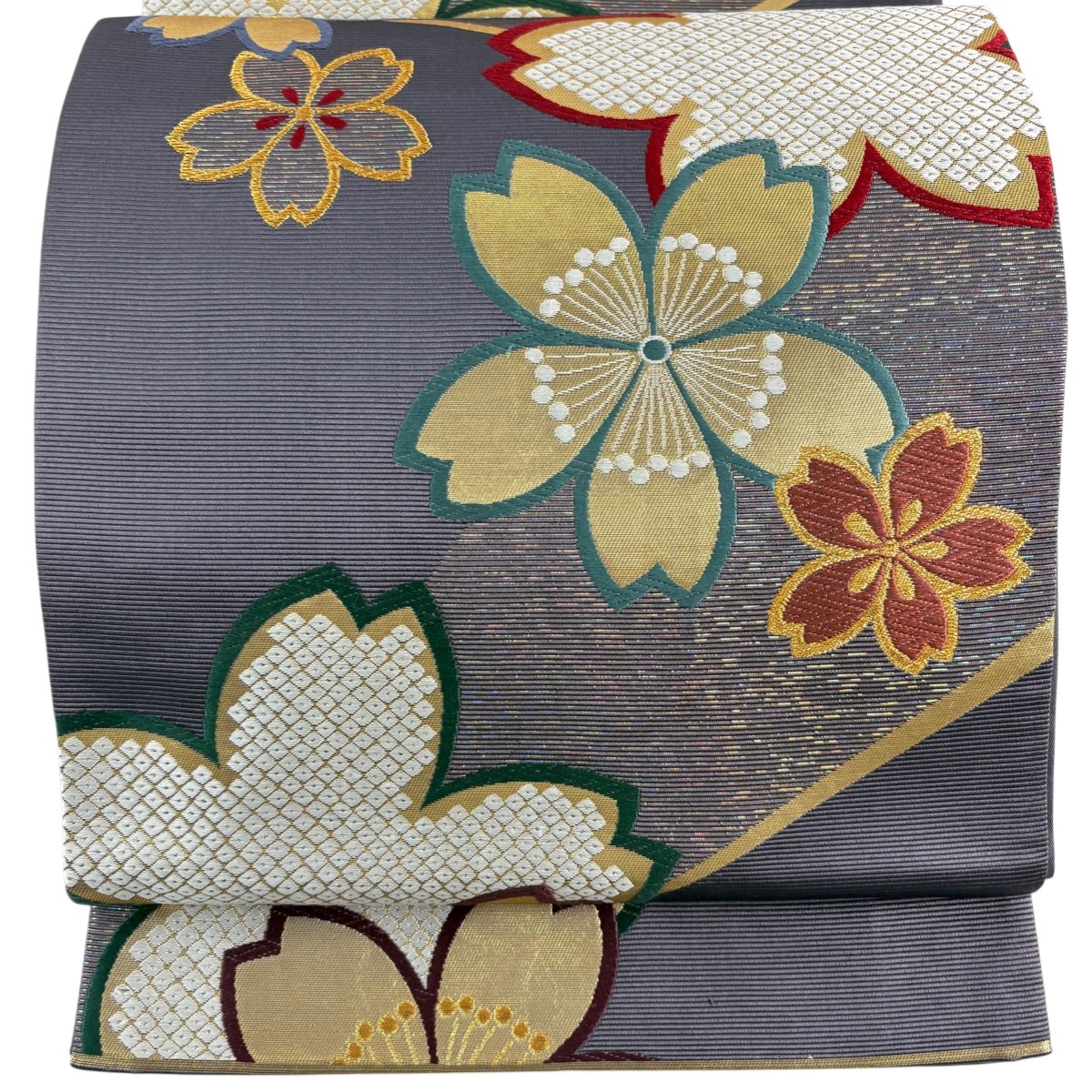 袋帯 名品 振袖向き 桜 金糸 箔 灰紫 六通 正絹 【中古】
