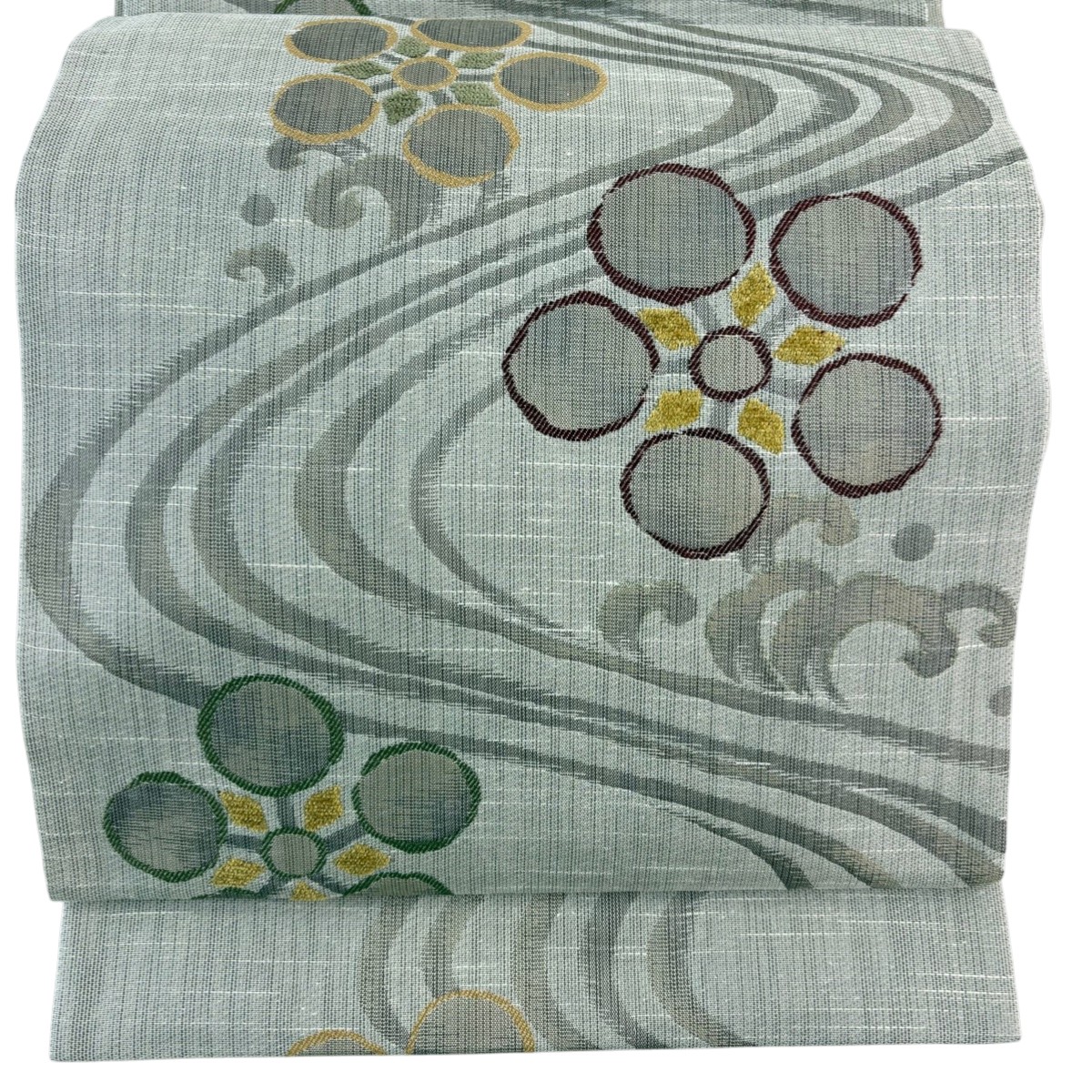 【美品】 袋帯 名品 夏帯 梅鉢 波頭 箔 灰茶 六通 正絹 【中古】