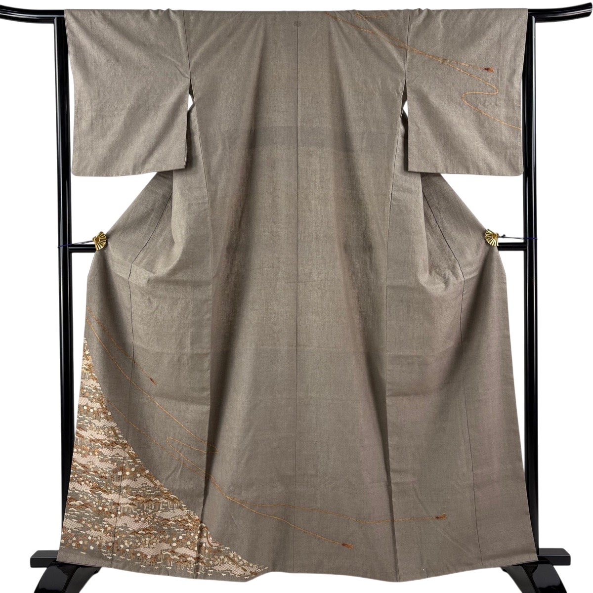 【美品】 訪問着 身丈163cm 裄丈64cm M 袷 紬地 松竹梅 組紐 金糸 金彩 灰茶 正絹 秀品 一つ紋 【中古】