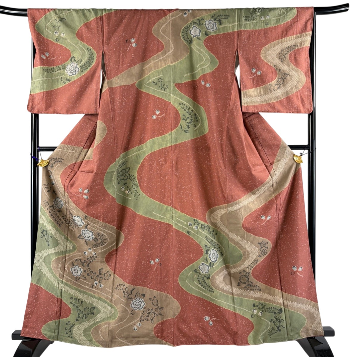 【美品】 訪問着 身丈163cm 裄丈67.5cm L 袷 紬地 辻が花柄 流水 絞り 小豆色 正絹 秀品 【中古】