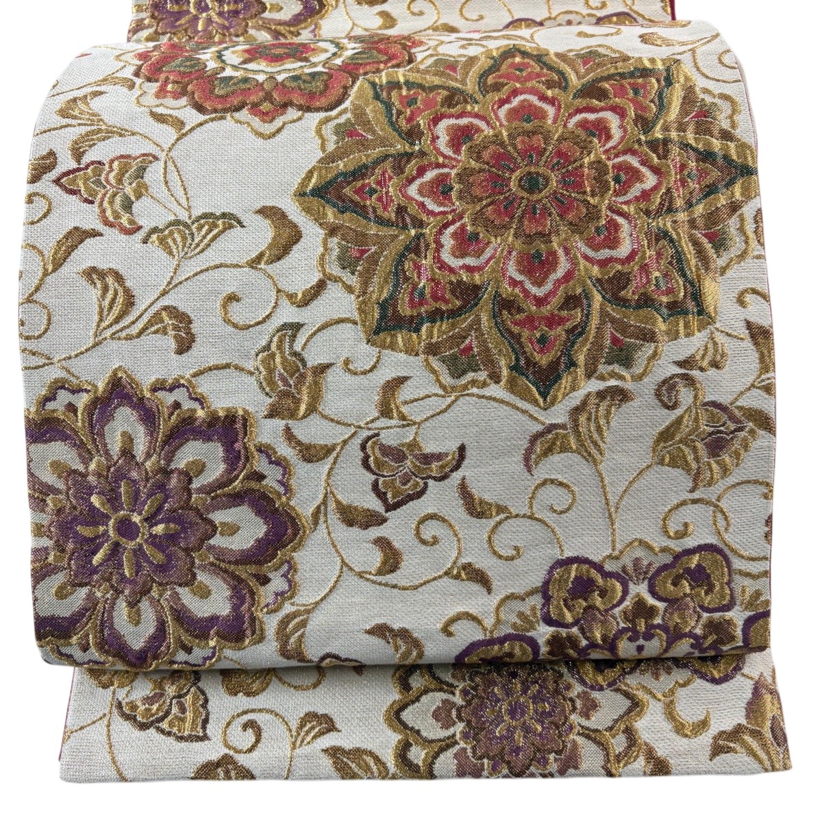 【美品】 袋帯 秀品 ふくれ織 華文 唐草 金糸 箔 ベージュ 六通 正絹 【中古】