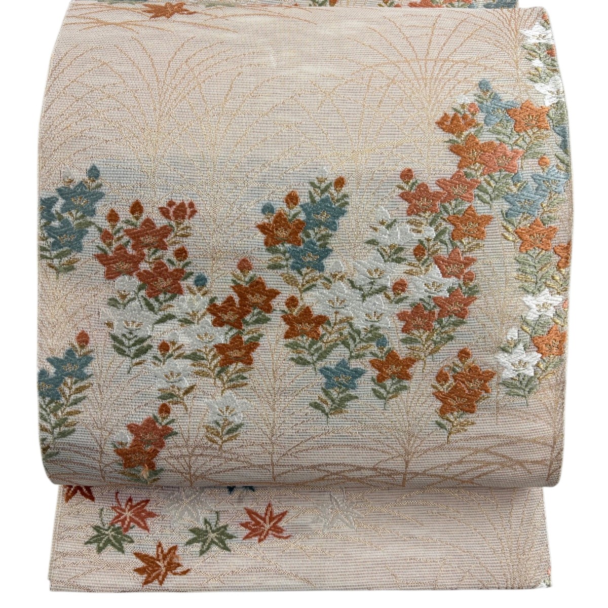 袋帯 秀品 夏帯 紗 桔梗 葉 刺繍 金糸 ベージュ 六通 正絹 【中古】