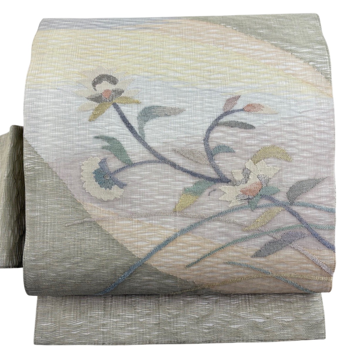 【美品】 名古屋帯 秀品 夏帯 草花 銀糸 灰緑 正絹 【中古】