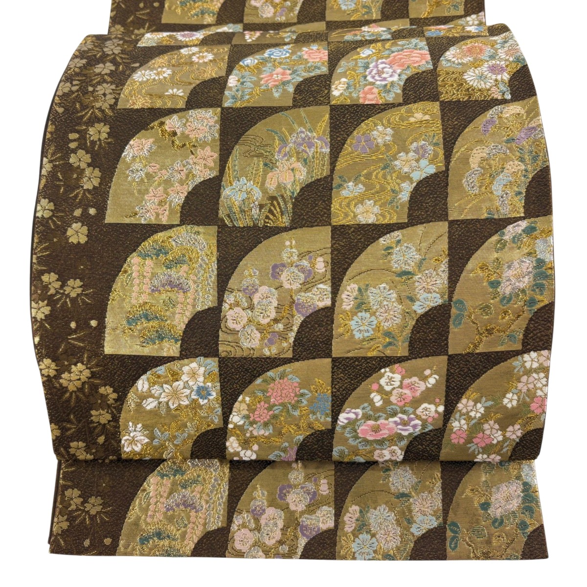 【美品】 袋帯 秀品 扇面 草花 刺繍 金銀糸 焦茶色 六通 正絹 【中古】