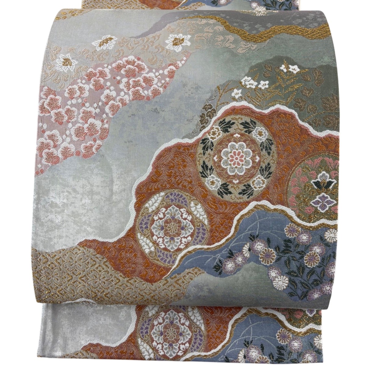 【美品】 袋帯 秀品 道長取 草花 箔 金銀糸 灰緑 六通 正絹 【中古】
