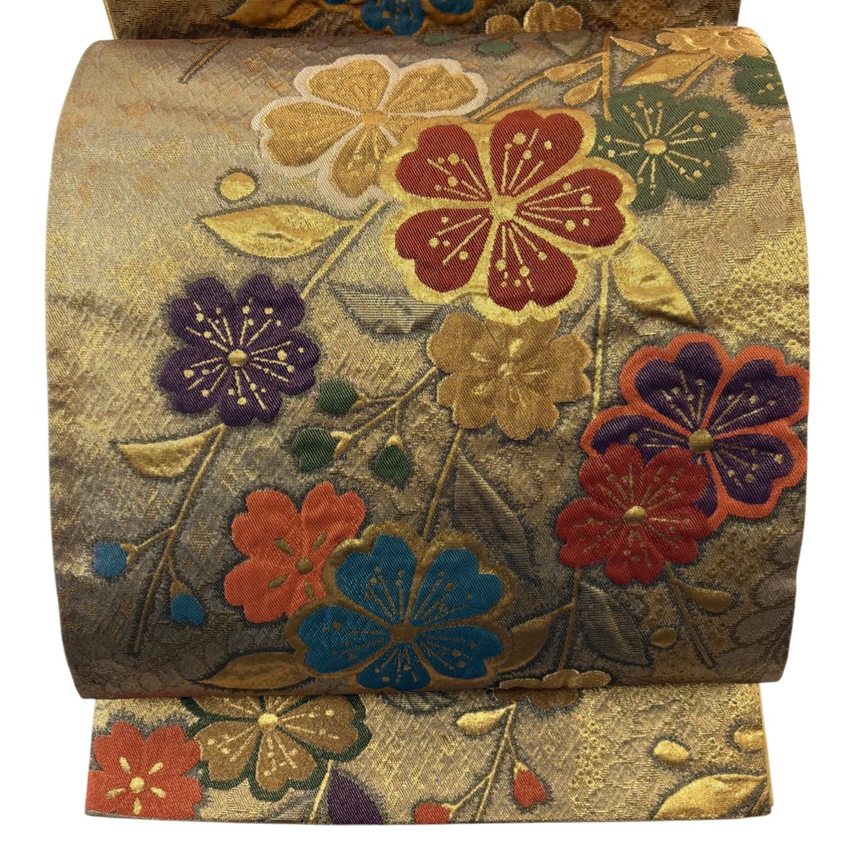 【美品】 袋帯 秀品 桜 箔 金糸 金茶 六通 正絹 【中古】