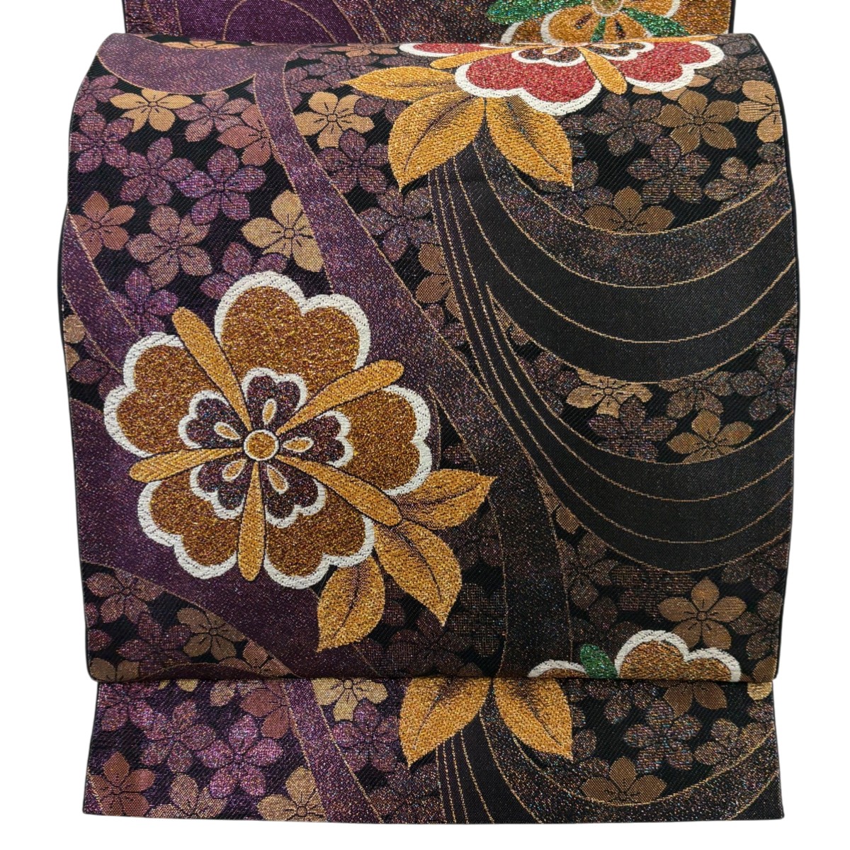 【美品】 袋帯 秀品 振袖向き 桜 箔 金糸 紫 六通 正絹 【中古】