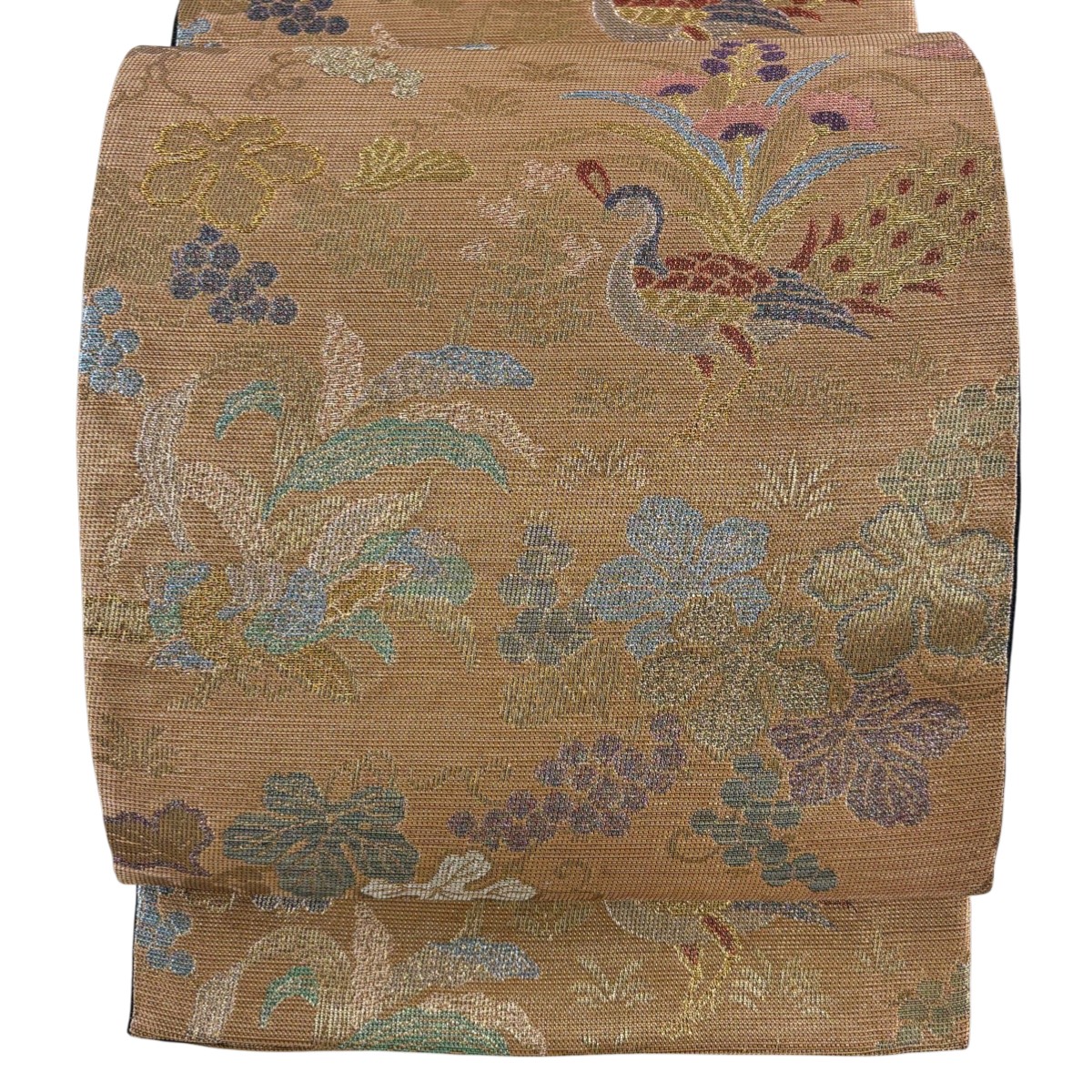 【美品】 袋帯 秀品 鳥 葡萄 金糸 箔 薄茶色 六通 正絹 【中古】