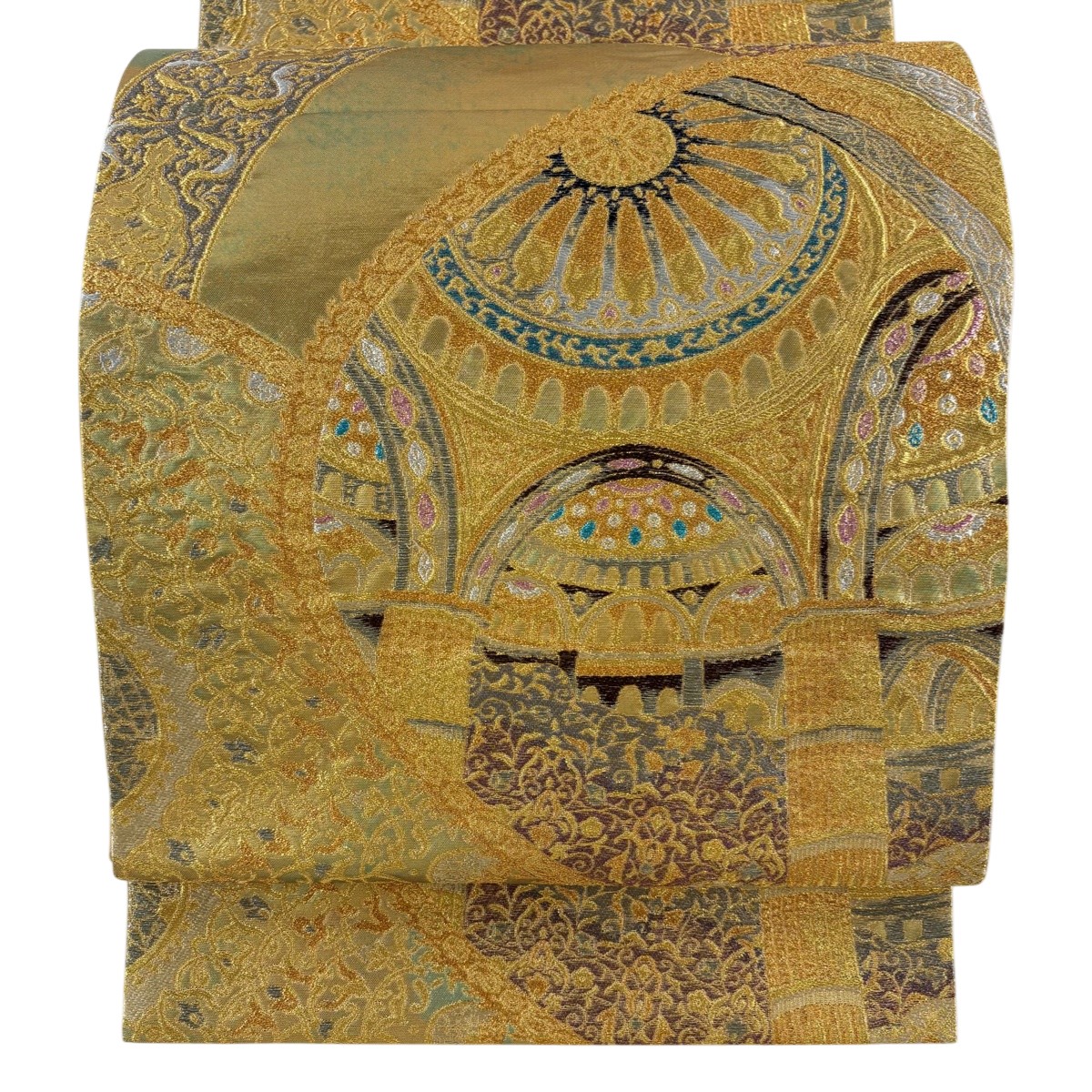 【美品】 袋帯 秀品 建物 草花 金銀糸 箔 金色 六通 正絹 【中古】