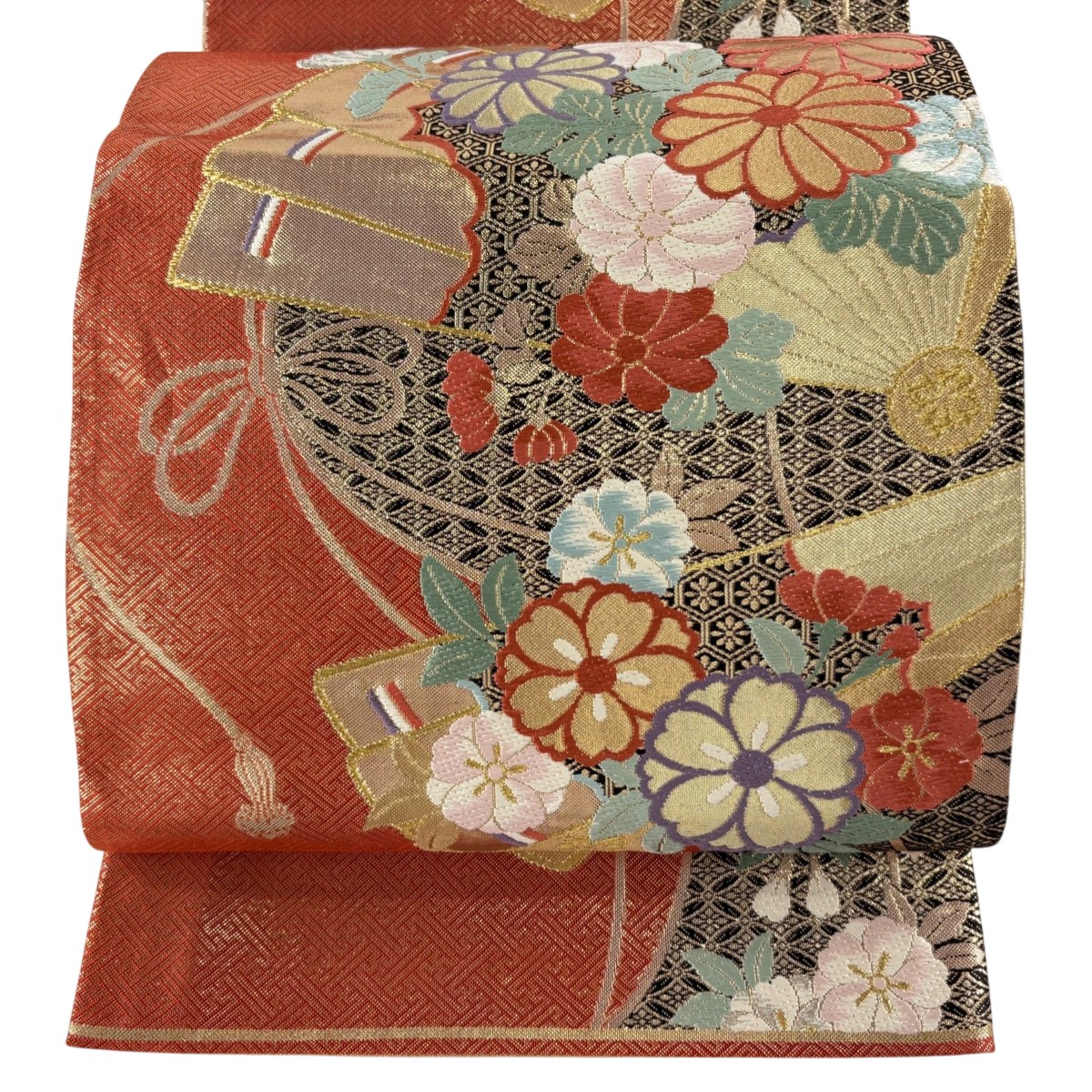袋帯 秀品 桧扇 菊 金糸 箔 朱色 六通 正絹 【中古】