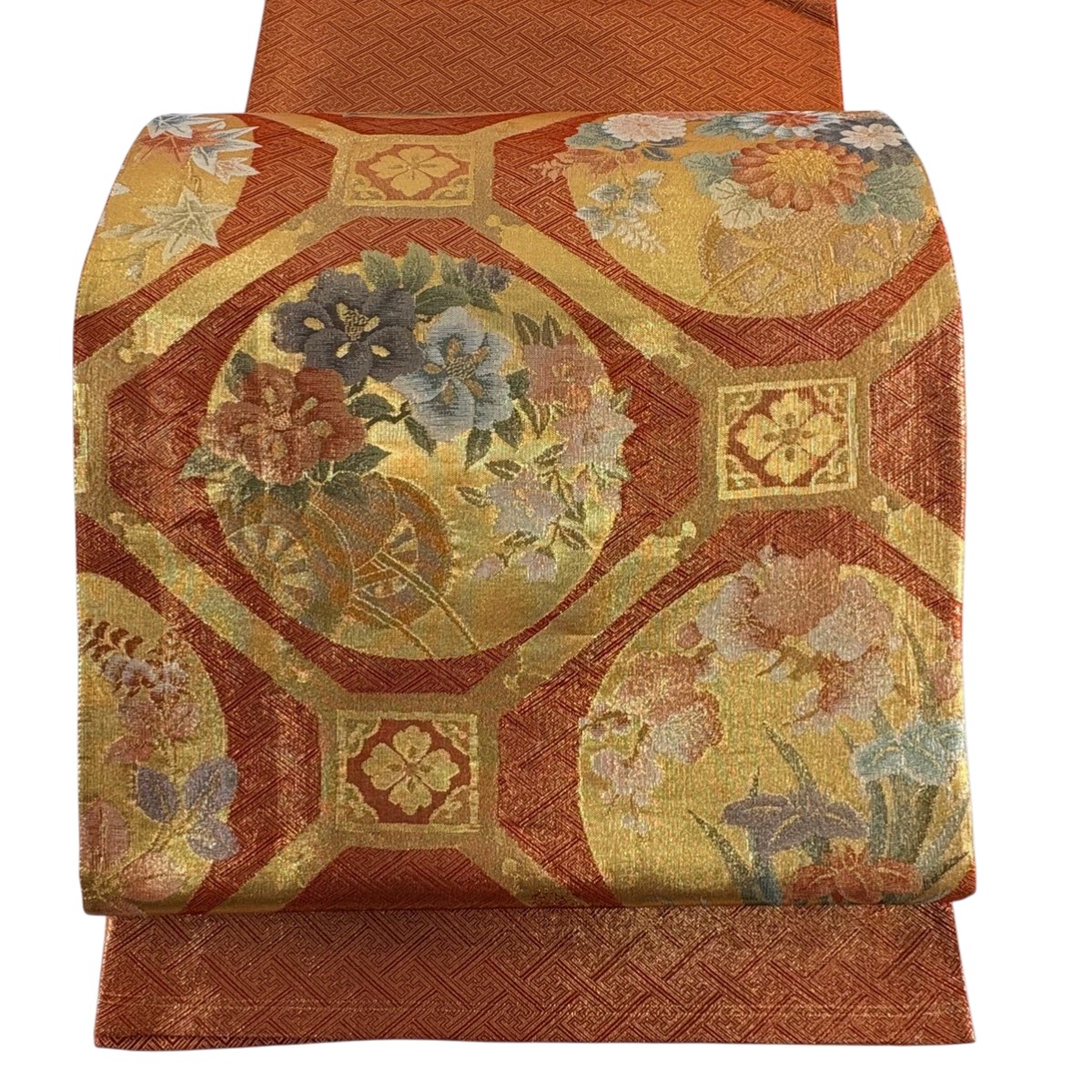 【美品】 袋帯 秀品 関西仕立て 蜀江文 草花 箔 オレンジ お太鼓柄 正絹 【中古】