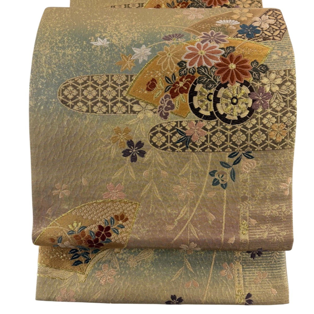 袋帯 秀品 扇面 草花 金糸 唐織 金色 六通 正絹 【中古】