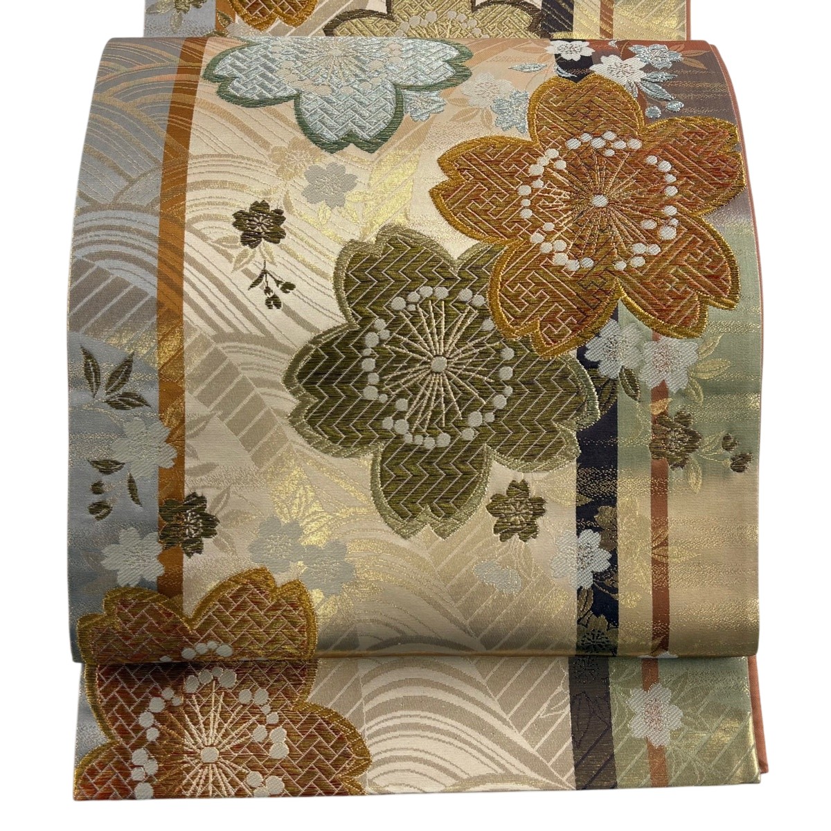 【美品】 袋帯 秀品 桜 波 金銀糸 箔 薄茶色 全通 正絹 【中古】