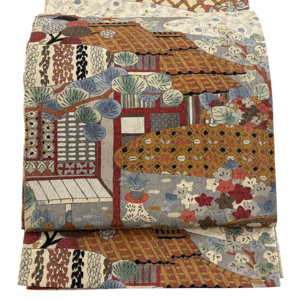 【美品】 袋帯 秀品 落款あり 鵬翔 家屋 松竹梅 箔 ベージュ 全通 正絹 【中古】