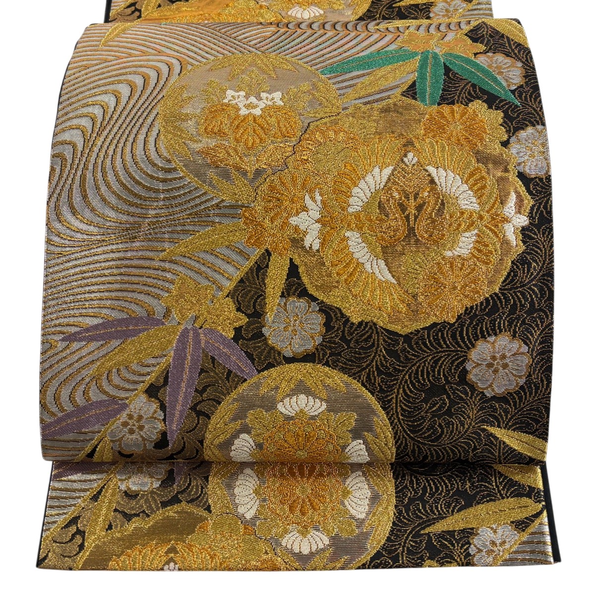 【美品】 袋帯 秀品 向かい鳥 花唐草 金糸 箔 黒 六通 正絹 【中古】
