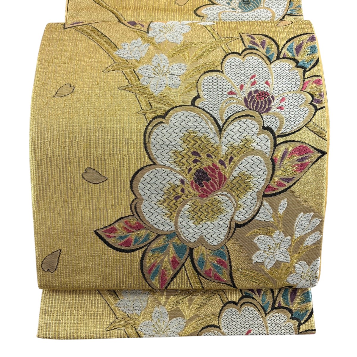 袋帯 秀品 桜 花びら 金糸 箔 金色 六通 正絹 【中古】