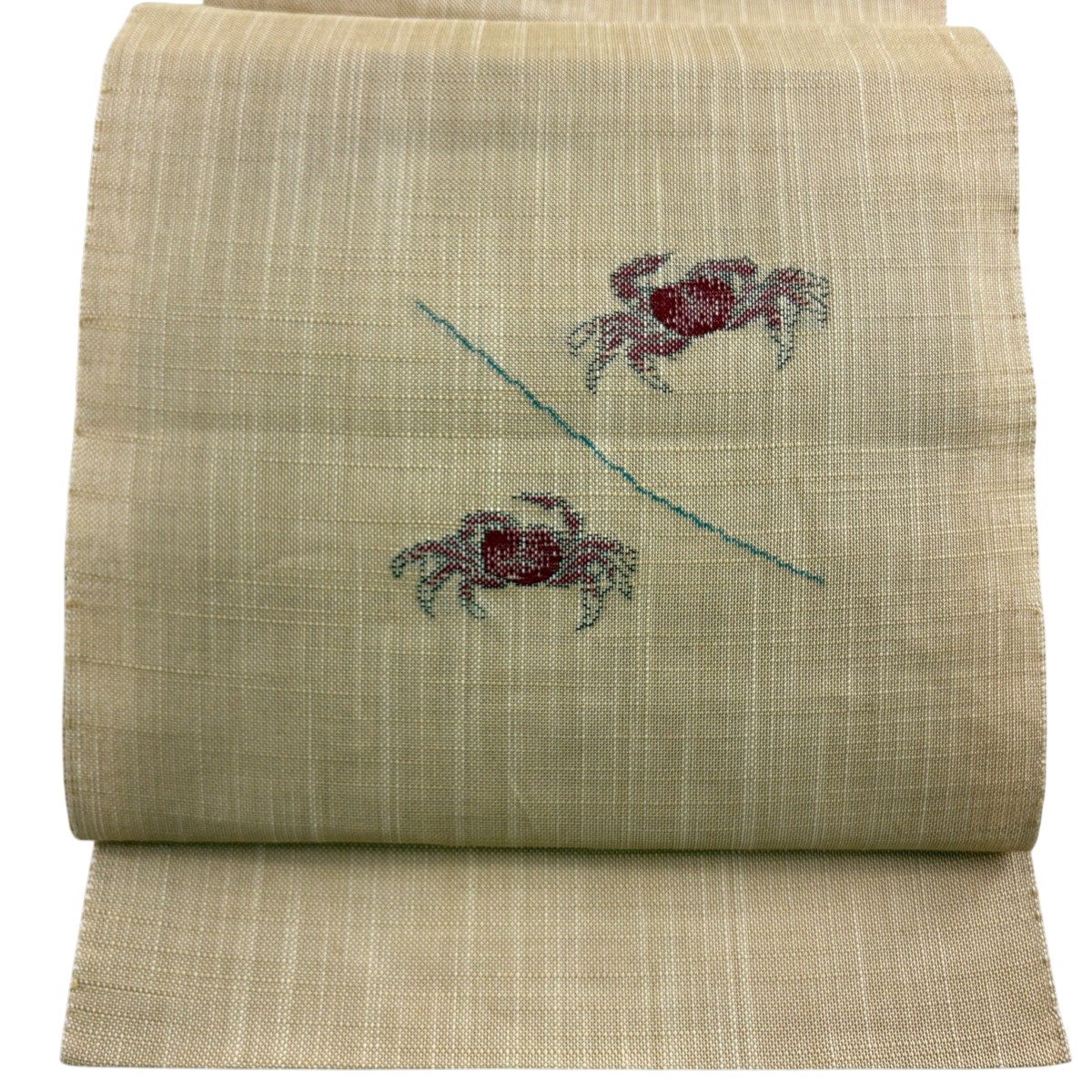 【美品】 名古屋帯 秀品 八寸名古屋帯 夏帯 松葉仕立て トンネル仕立て カニ ベージュ 正絹 【中古】