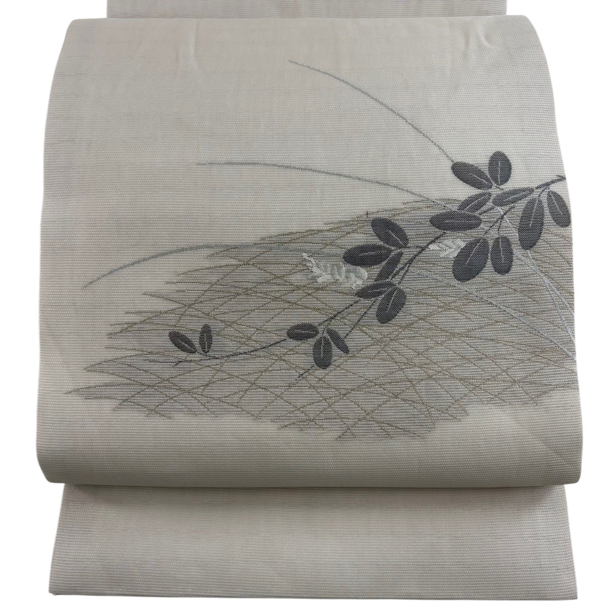 開き名古屋帯 秀品 夏帯 絽 草花 金銀糸 灰茶 正絹 【中古】