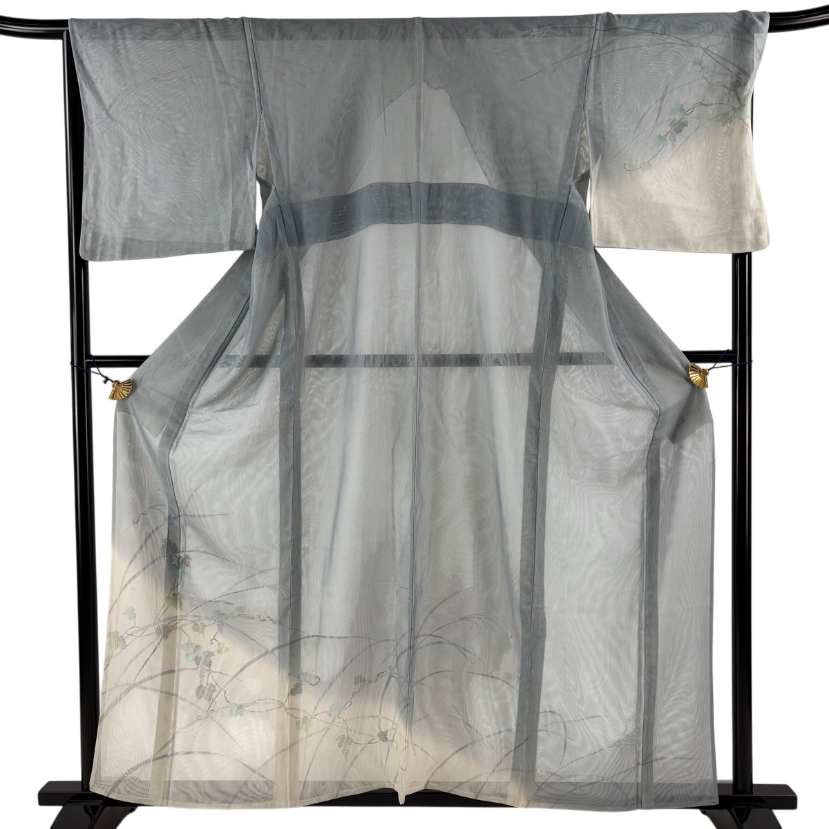 訪問着 身丈160cm 裄丈68cm L 紗袷 葡萄 葉柄 染め分け 水色 正絹 名品 【中古】