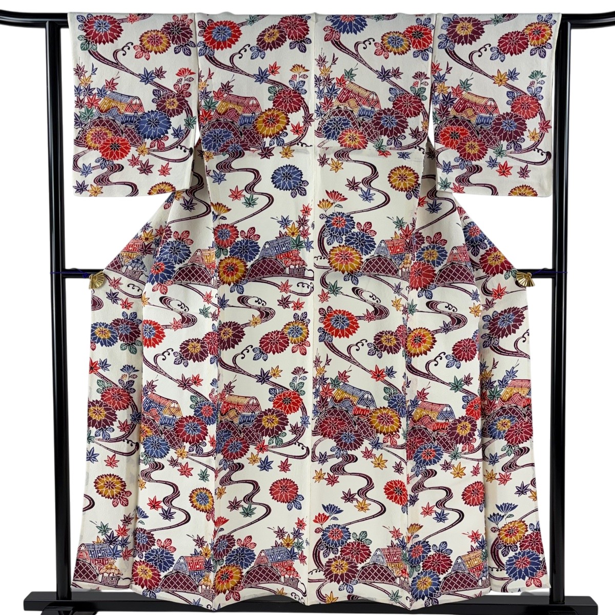【美品】 付下げ 身丈154cm 裄丈62.5cm S 単衣 菊 家屋 縮緬 クリーム 正絹 名品 【中古】