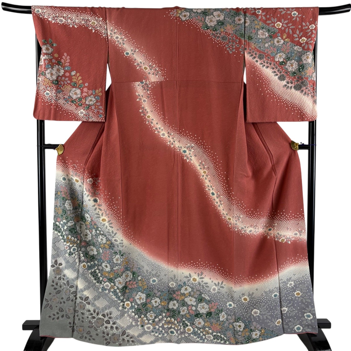 訪問着 身丈165cm 裄丈68.5cm L 袷 草花 疋田柄 金彩 染め分け 茜色 正絹 秀品 【中古】
