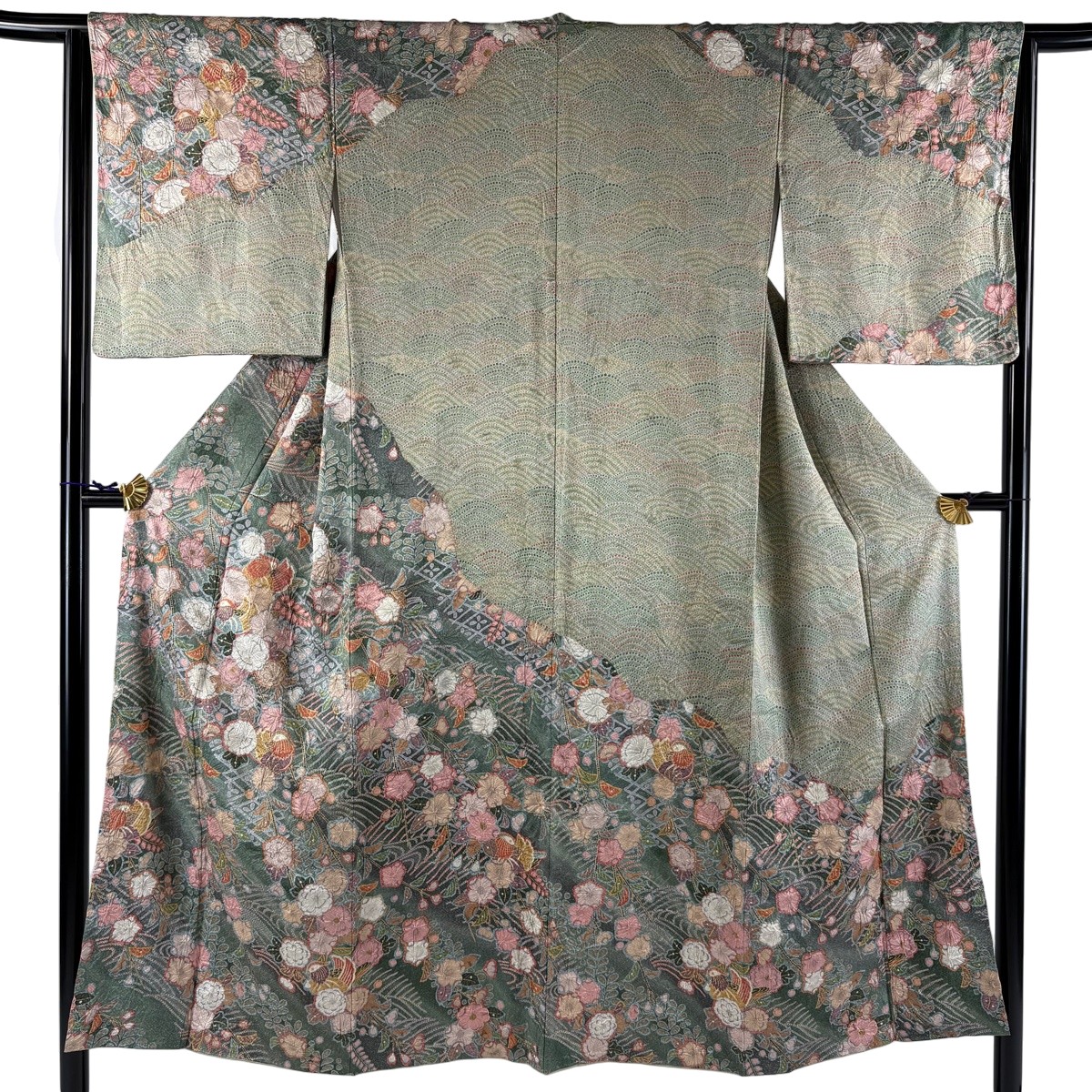 【美品】 訪問着 身丈150cm 裄丈63.5cm S 袷 鴛鴦 辻が花柄 金彩 ぼかし 灰緑 正絹 秀品 【中古】
