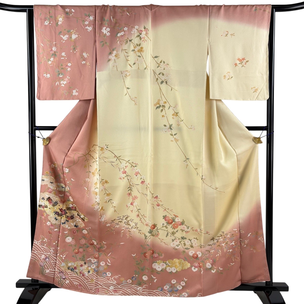 訪問着 身丈162.5cm 裄丈65cm M 袷 雲文 花筏 金銀彩 染め分け ピンク 正絹 秀品 【中古】