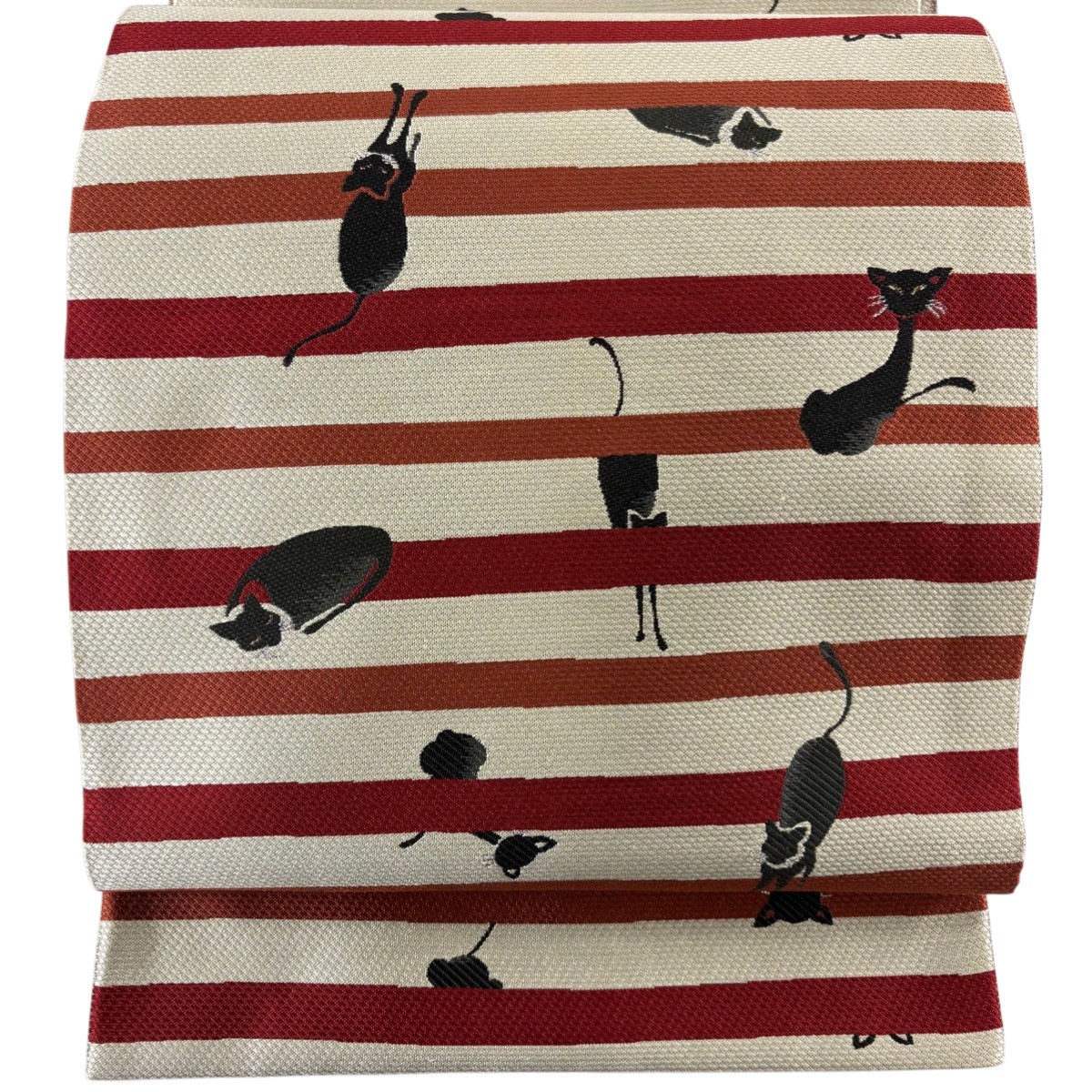 【美品】 袋帯 逸品 猫 縞 箔 銀糸 灰茶 全通 正絹 【中古】