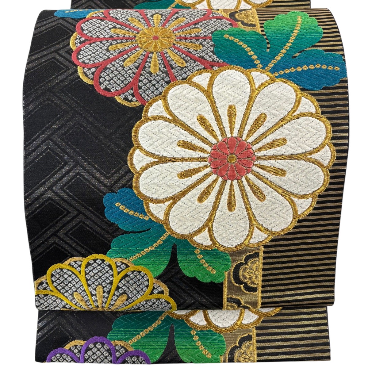 袋帯 逸品 じゅらく 落款あり 菊 縞 唐織 箔 黒 六通 正絹 【中古】