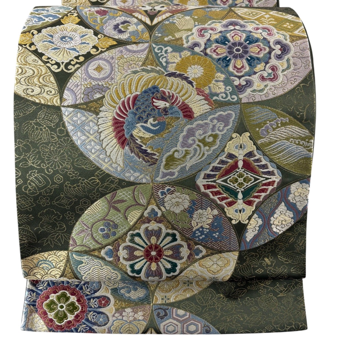 【美品】 袋帯 逸品 とみや織物 花鳥 七宝文 刺繍 金糸 茶緑色 六通 正絹 【中古】