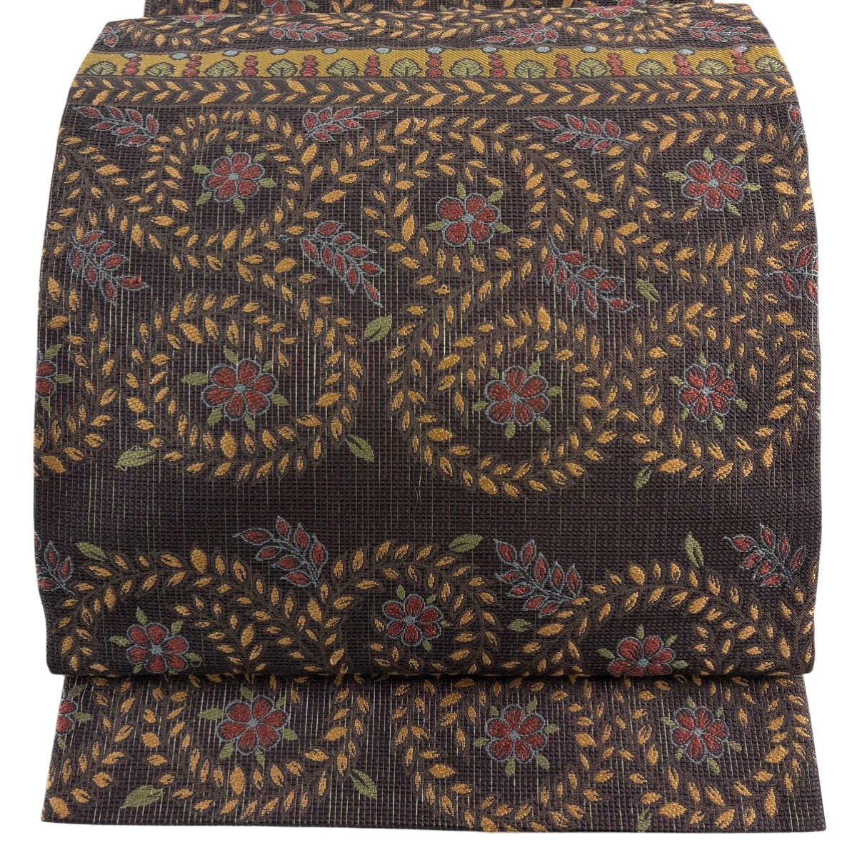 袋帯 名品 草花 唐草 焦茶色 六通 正絹 【中古】