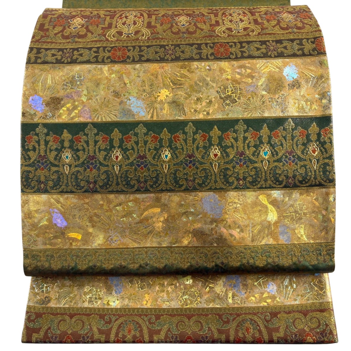 袋帯 名品 堀省平 落款あり 草花 横段 金糸 箔 緑 お太鼓柄 正絹 【中古】