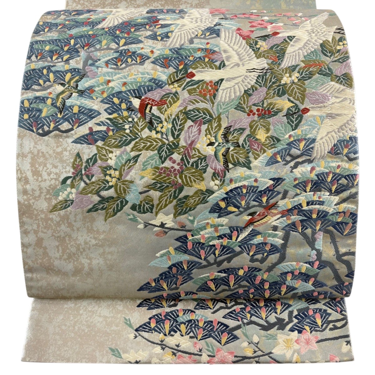 袋帯 名品 鶴 若松 箔 唐織 銀色 六通 正絹 【中古】