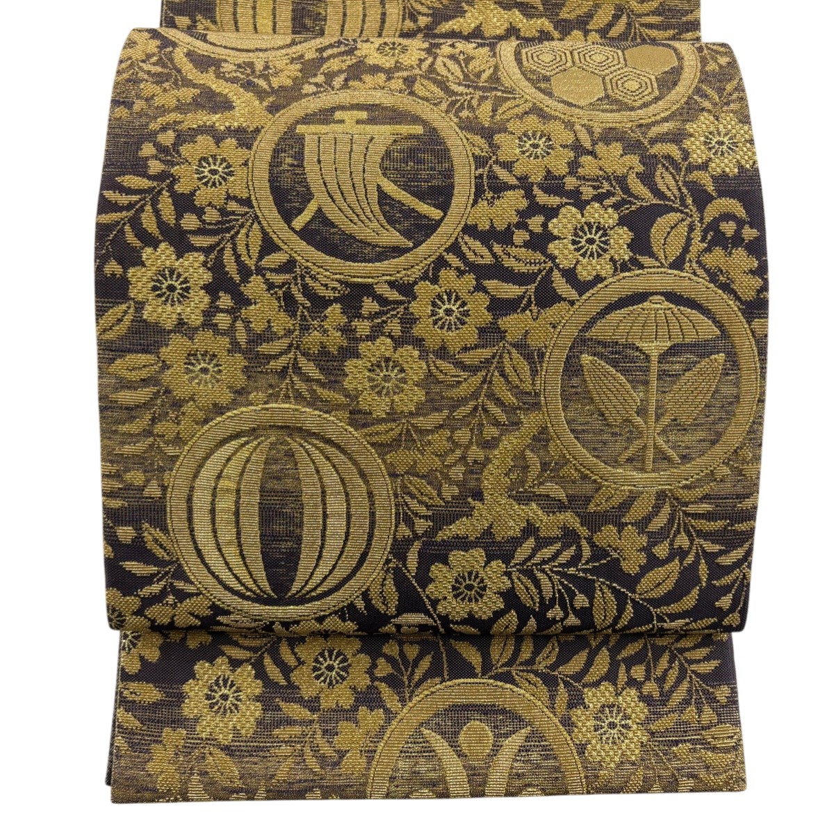 【美品】 袋帯 名品 桜 丸文 金糸 箔 紫 全通 正絹 【中古】