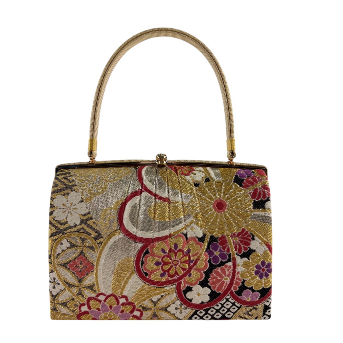 【美品】 和装バッグ 優品 フォーマル 菊 桜 金銀糸 金色 和装小物 【中古】