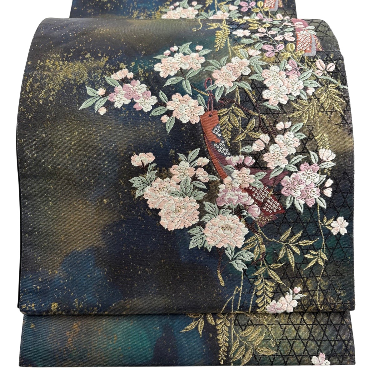 袋帯 秀品 短冊 草花 金糸 唐織 青黒 六通 正絹 【中古】
