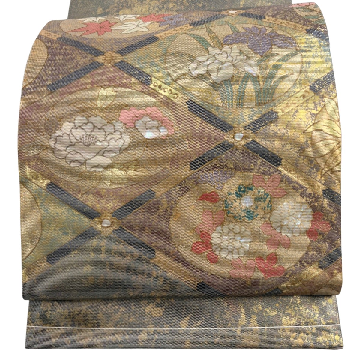 袋帯 秀品 関西仕立て 牡丹 菊 箔 金彩 金色 お太鼓柄 正絹 【中古】