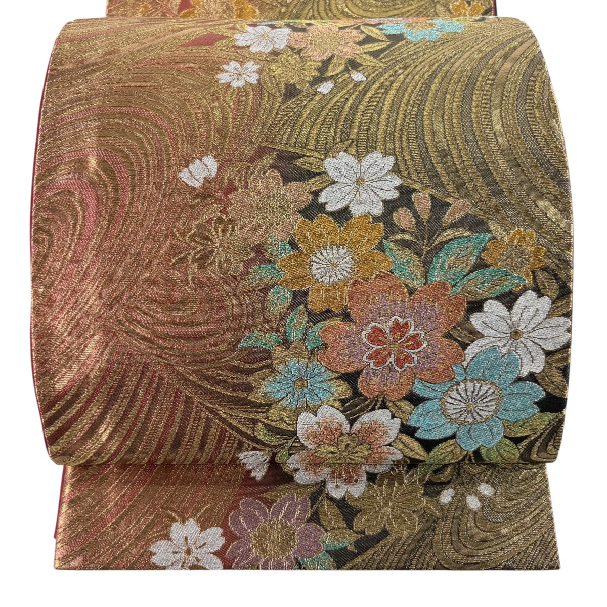 袋帯 秀品 桜 流水 金糸 箔 茜色 六通 正絹 【中古】
