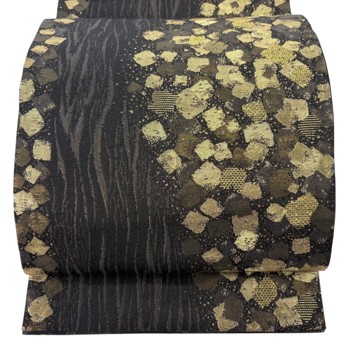 【美品】 袋帯 秀品 箔散らし よろけ縞 金糸 箔 黒 六通 正絹 【中古】